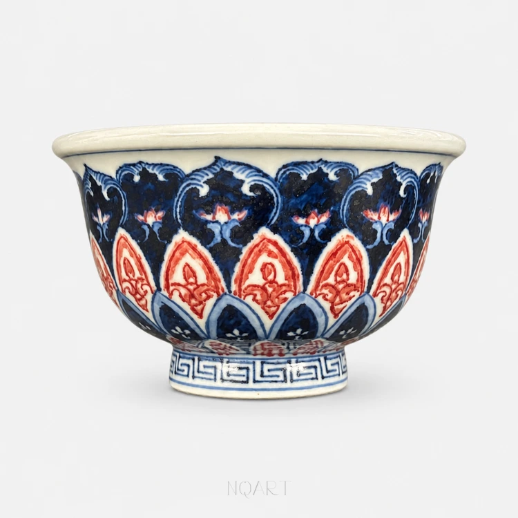 Beneath the rim line, three bands of lotus petals stack down the body of this Ya Shou cup, the middle one picked out in underglaze red.