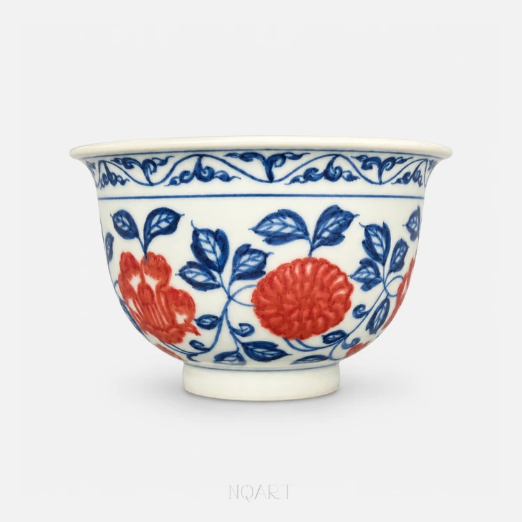 Rounded blooms sit between the leaves on this face, their petals built up in overlapping washes of underglaze red that thin out towards the edges.