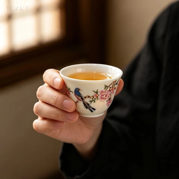 Held up with the tea still in it, the floral tea cup shows one bird and a spray of blossom standing out against the plain white glaze.