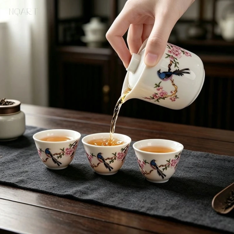 One bird on the pitcher, one on each cup — the porcelain tea pitcher tips forward and the tea goes into them in turn.