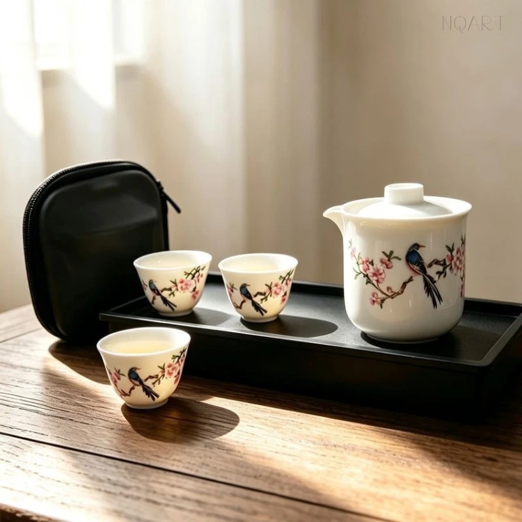 By the window, this tea set for camping is shown twice over — the black case standing shut at one end of the table, the four pieces laid out along the tray at the other.